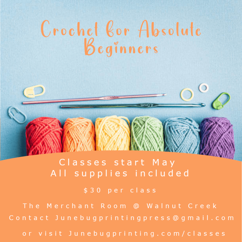 Promotional graphic for a crochet class for beginners, featuring colorful yarn and crochet tools on a blue background.